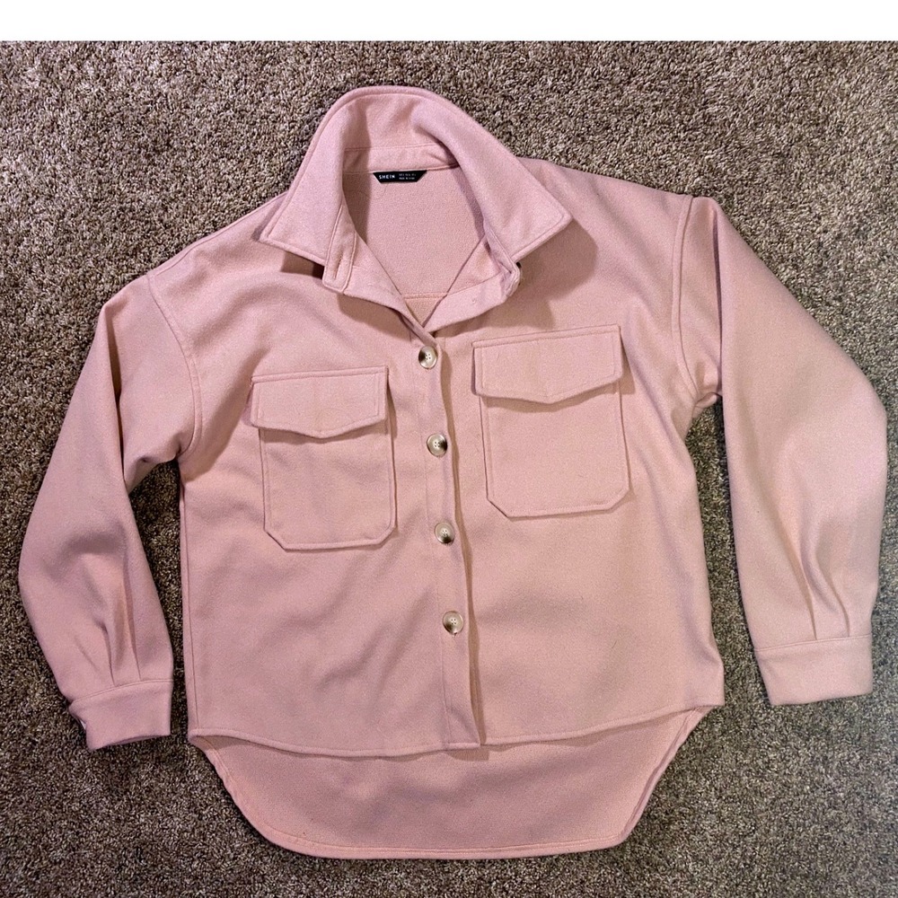 SHEIN Pink Button Down Shacket Women Small S Excellent Oversized Flap Pockets